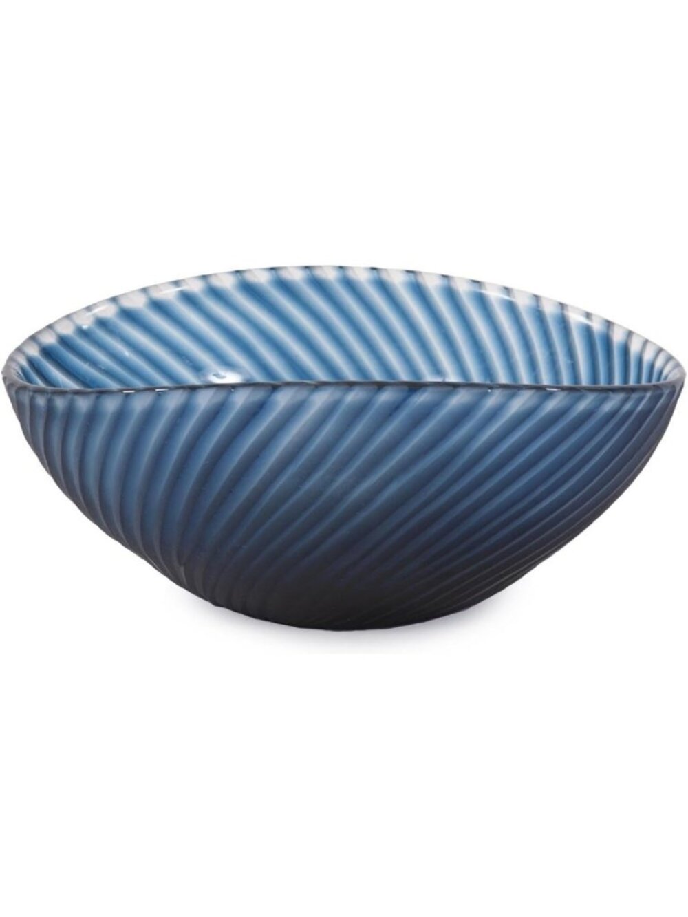 Hand Blown Blue Oval Glass Bowl - Striped Ocean Waves Centerpiece Decor, 5"x11.5